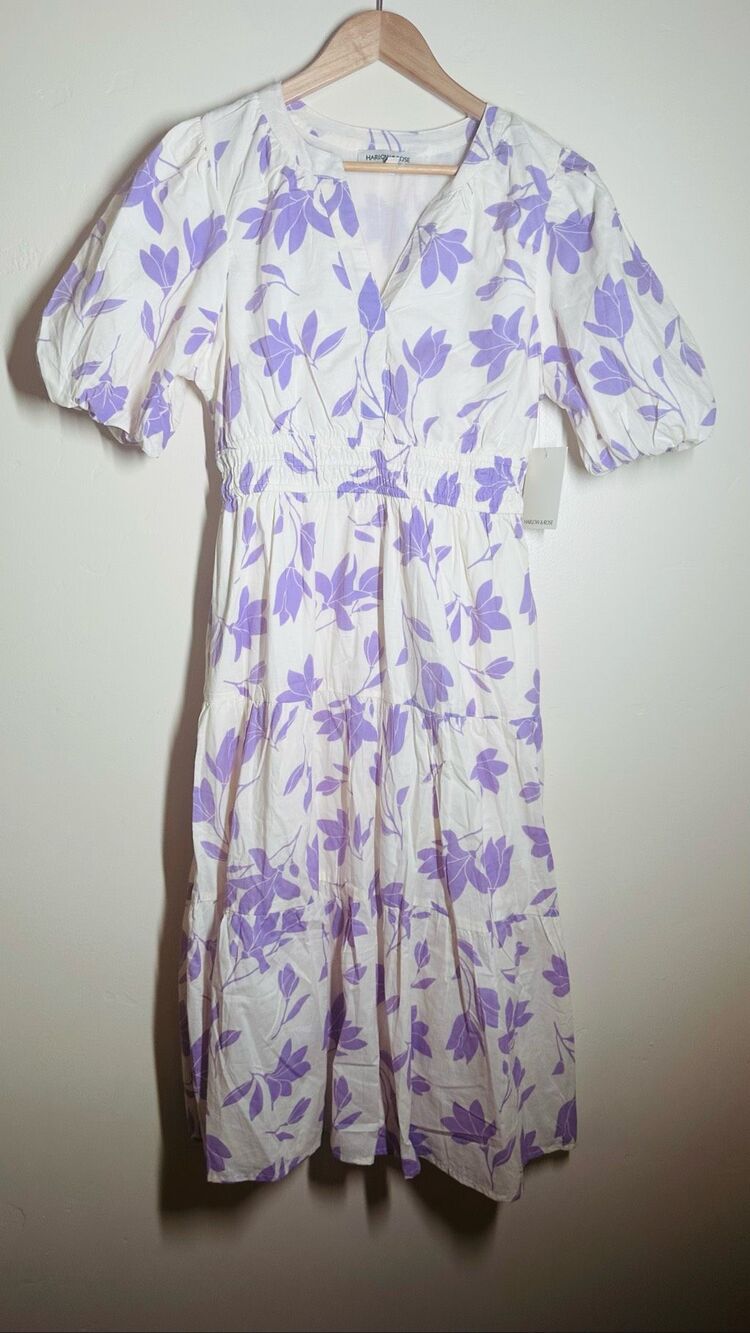 🌸 Harlow & Rose Purple Floral Puff Sleeve Dress Size Medium New